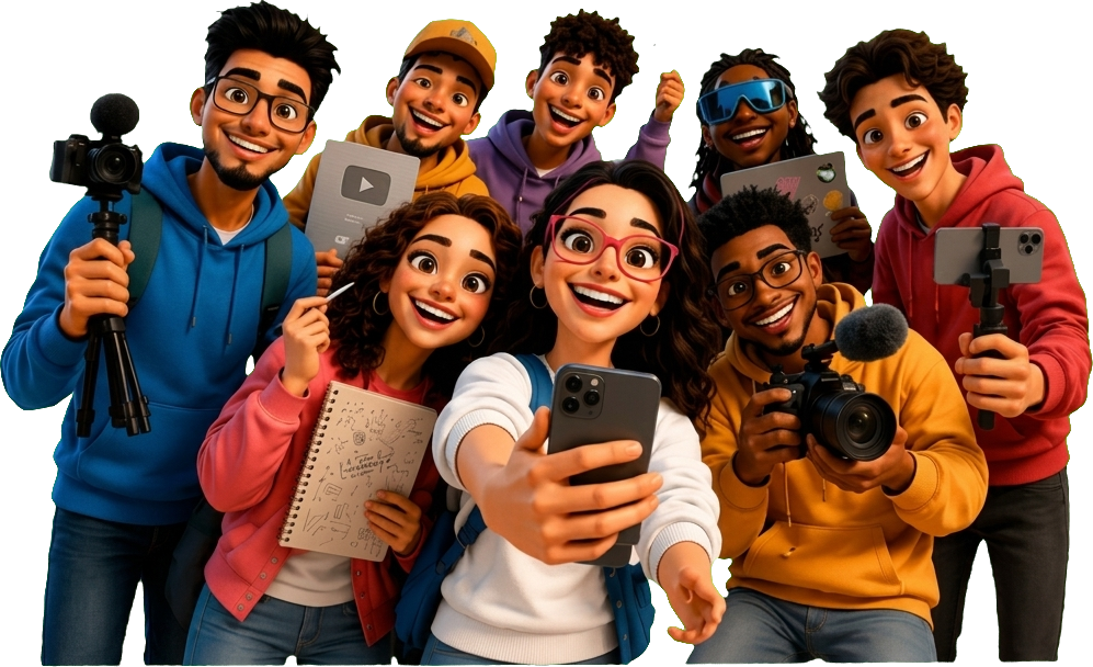 Diverse creators with cameras, phones, mics, and creative gear